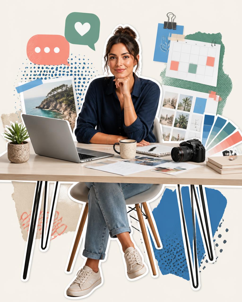 Community manager entourée de ses outils de création et de planification