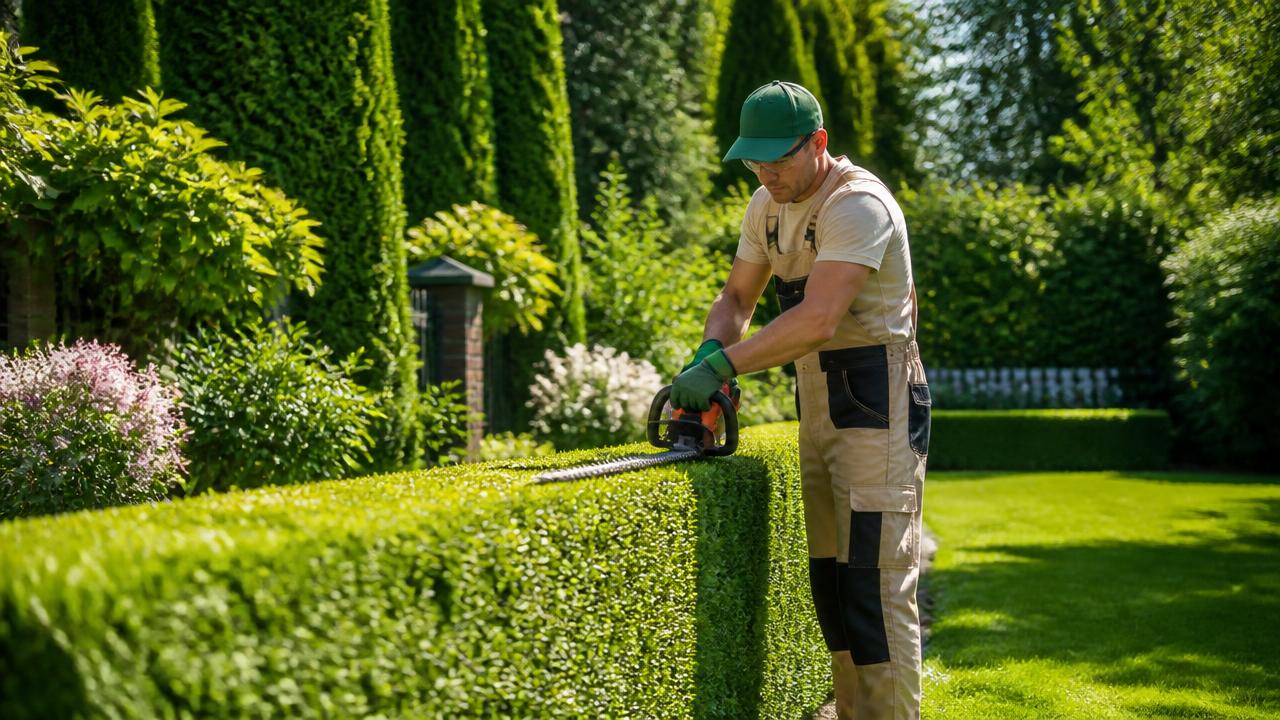 Paysagiste taillant une haie dans un jardin entretenu près de Nancy