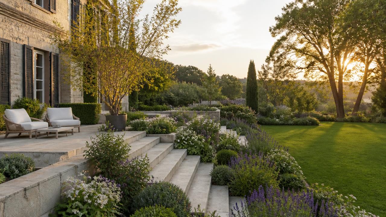 Jardin paysagé avec terrasse en pierre et massifs fleuris